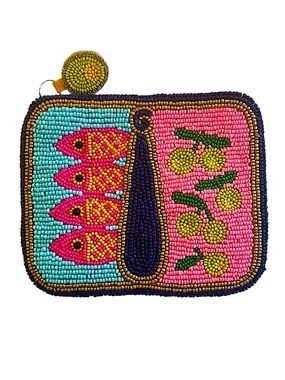 Sardines in Tin Can Olive Oil Coin Pouch, Sardines Beaded Bag, Green Olives